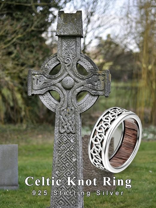 Wooden Celtic/Cross Ring 925 Sterling Silver Wedding Band Wood Mens Rings Engagement Ring Jewelry Gift for Men Women Size 8-14
