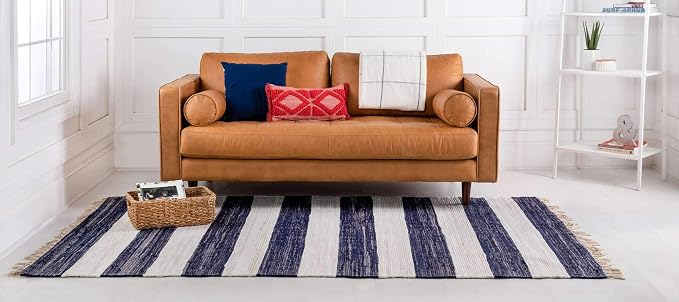 Unique Loom Chindi Rag Collection Area Rug - Striped (5' 1" x 8' Rectangle, Navy Blue/ Ivory)