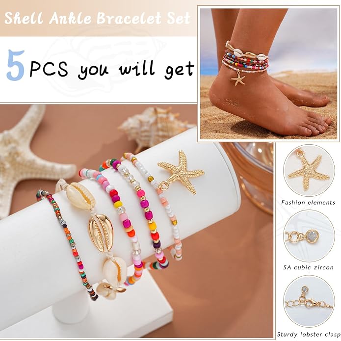 Boho Shell Ankle Bracelet Set for Women, 5 Pairs 14K Boho Bead Handmade Adjustable Anklet, Hawaiian Beach Seashell Starfish Foot Jewelry Gifts