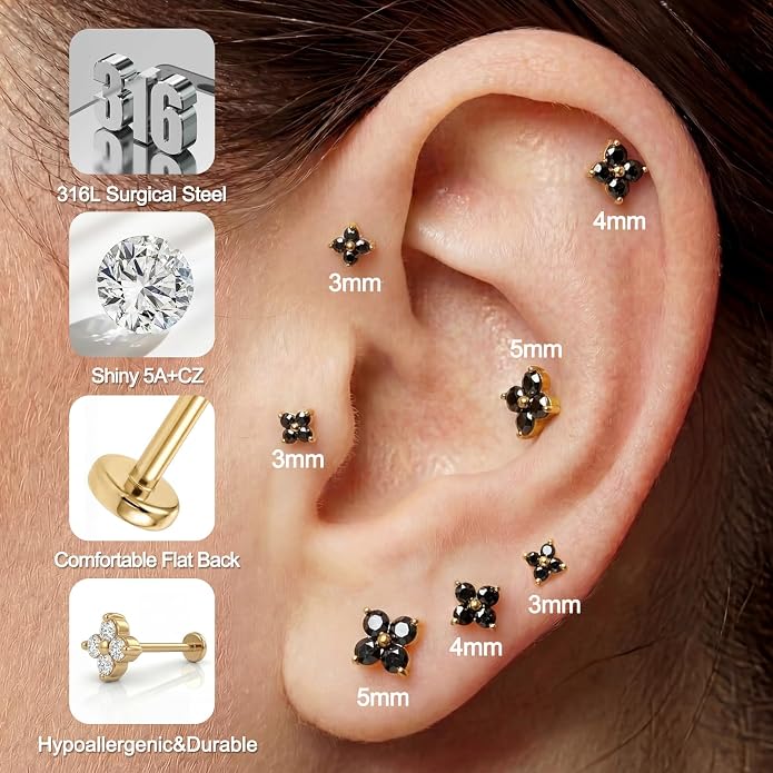 FANSING Short Threadless Cartilage Earring Stackable CZ Birthstone Flat Back Earrings for Women Small Stud Earrings for Tragus Helix Earlobe 18K Gold Plated ‌Rainbow 5.0mm