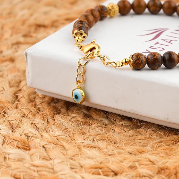 AAA Grade Natural Gemstone Beaded Bracelet, 14K Gold Plated with Evil Charm, Wicca & Reiki Healing Crystals, Handmade Bohemian Jewelry, Christmas Gift for Women (7+1inch)