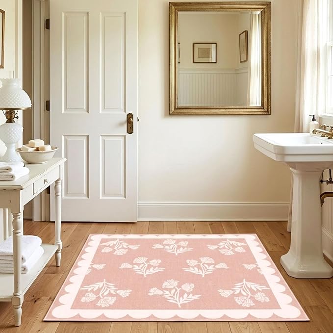 Pink Square Rug 4ft - Soft Washable Boho Floral Girls Bedroom Rug Non Slip 4x4 Stain Resistant Cute Scalloped Circle Square Area Rugs for Living Room Entryway Bathroom Dining Room Nursery Dorm