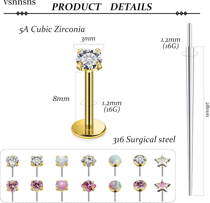 Vsnnsns 14K Gold Plated 16G 18G 20G Threadless Nose Rings Studs Flat Back Earrings Stainless Steel Tragus Helix Conch Earrings Stud Snake Bite Lip Rings Labret Medusa Piercing Jewelry for Women Men