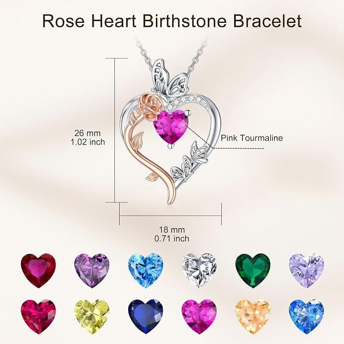 TOUPOP Rose Heart Birthstone Necklace 925 Sterling Silver Heart Butterfly Pendant Love Jewelry Birthday Gifts for Women Wife Mom Her