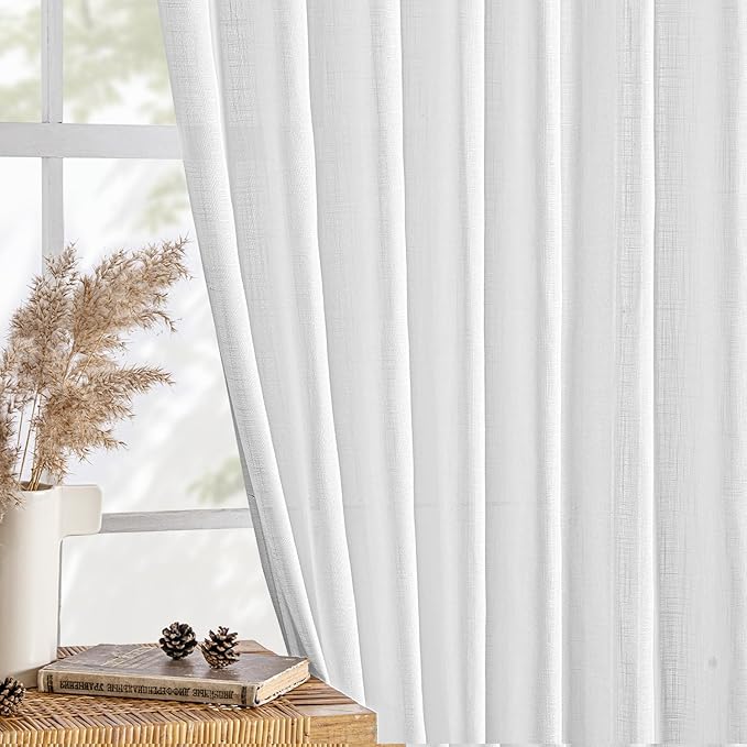 MIULEE White Linen Curtains 95 Inch Long 2 Panels for Bedroom Living Room, Soft Thick Linen Textured Back Tab Window Drapes Semi Sheer Light Filtering Rod Pocket Modern Farmhouse Decor