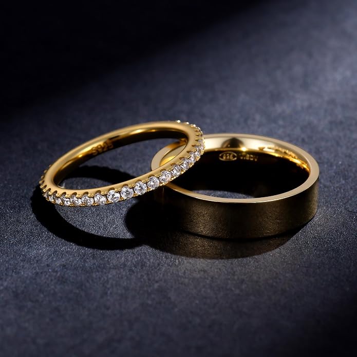 2 Pack Sterling Silver Eternity Ring & Gold Band for Women, 2mm CZ Stackable Wedding Engagement Promise Rings, Simple 5mm Plated Band, Size 5-10, Gift Jewelry Set