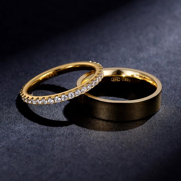 2 Pack Sterling Silver Eternity Ring & Gold Band for Women, 2mm CZ Stackable Wedding Engagement Promise Rings, Simple 5mm Plated Band, Size 5-10, Gift Jewelry Set
