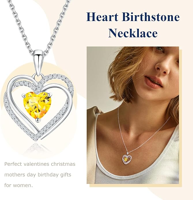 Anniversary Charm Necklace, Sterling Silver 14K Gold Plated Chain with Interlocking Heart Pendant Elegant Birthstone Necklaces for Women, Length 18"