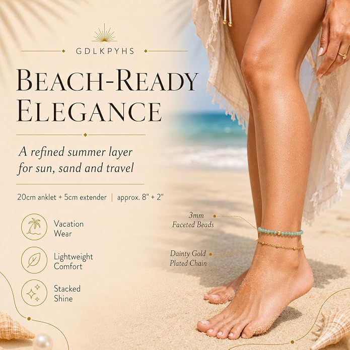 2Pcs Beaded Anklets for Women, Natural Stone Bead Ankle Bracelets with 14K Gold Plated Chain, Waterproof Adjustable Layered Anklet Set, Boho Beach Summer Jewelry Gift