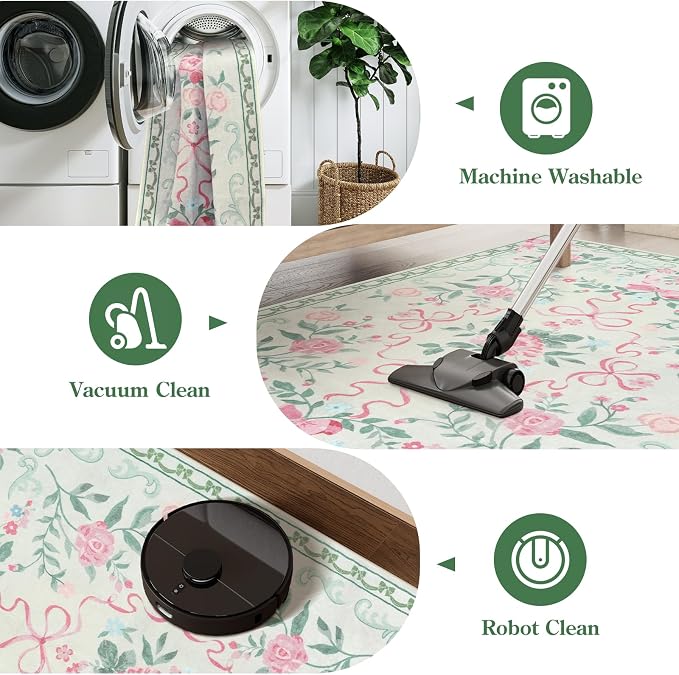 Collive Green Floral Rugs for Girls, 5x7 Washable Bow Area Rug for Living Room, Cute Ultra-Thin Non Slip Indoor Decor Carpet for Nursery Kids Room Bedroom Playroom (Green 5' x 7')