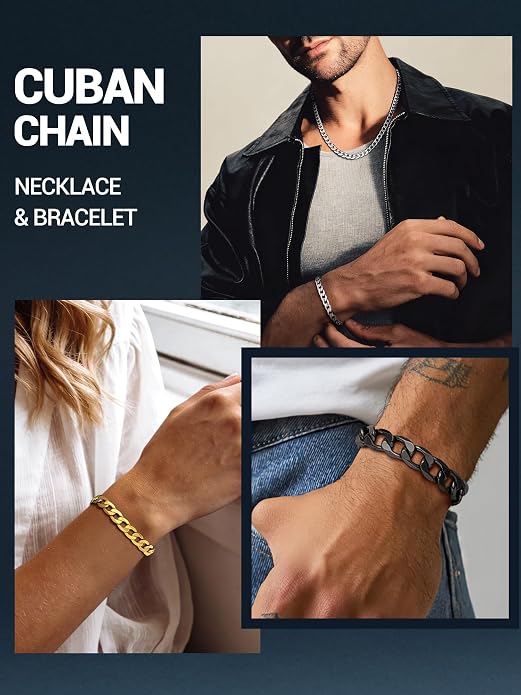 PROSTEEL Silver/Gold/Black Bracelets for Men Figaro Cuban Link, 6mm-13mm Width, 7.5"/8.3"/9" Length, Stainless Steel Mens Bracelet Jewelry with Gift Box