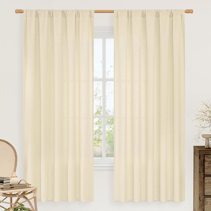 LAMIT Beige Linen Window Curtains 72 Inch Length 2 Panels, Thick Linen Textured Light Filtering Rod Pocket Burlap Boho Neutral Privacy Drapes for Bedroom/Living Room, Beige, 52 x 72 Inch