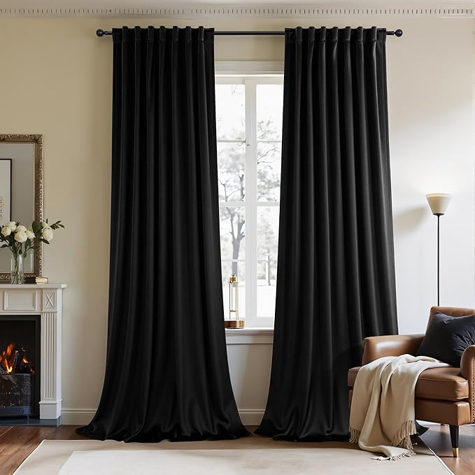 Black Velvet Curtains for Living Room 108 Inches Long 2 Panels Heat Noise Reducing Black Out Drapes for Sliding Door Movie Theater Man Cave Masculine Modern Victorian Vintage Bedroom Decor 9ft Length