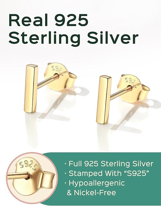 ChicSilver 925 Sterling Silver Earrings Dainty Bar/Circle/Triangle/Star/Ball Stud Earrings for Women with Gift Box, Hypoallergenic Earrings for Sensitive Ears