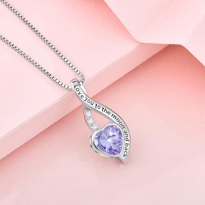 I Love You to The Moon and Back Necklace for Women, 925 Sterling Silver Heart Birthstone Pendant Necklace Jewelry Anniversary Birthday Gifts for Girls Women Wife Mom Daughter