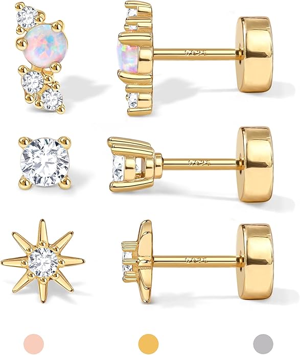 14K Gold Plated Solid 925 Sterling Silver Post Flat Back Earrings Stud | Cartilage Helix Conch Tragus Piercing Jewelry 3 Pairs Tiny Screw Dainty CZ Opal Earring Set Men Women