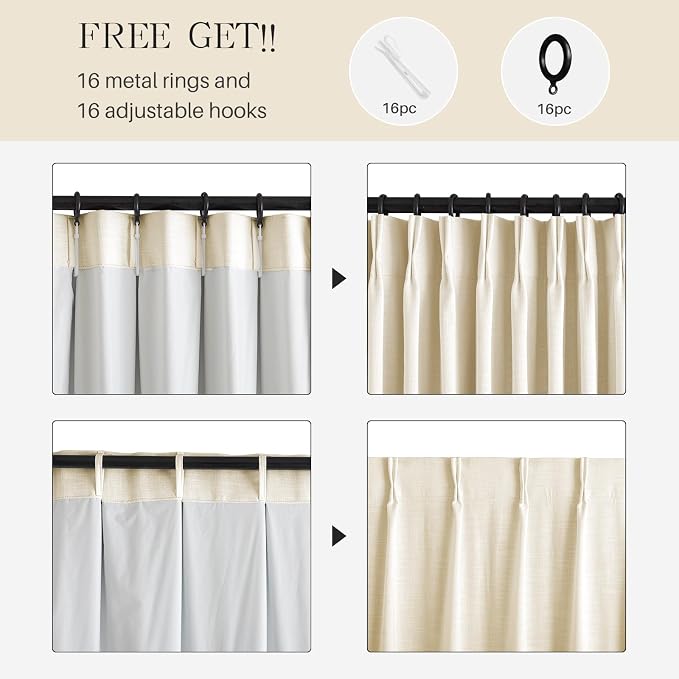 Pinch Pleated Curtains 100% Blackout Linen Curtains 84 Inches Long for Bedroom Living Room, Creamy Beige Memory Trained Thermal Insulated Room Darkening Window Drapes with Hooks 2 Panels 40"Wx84"L
