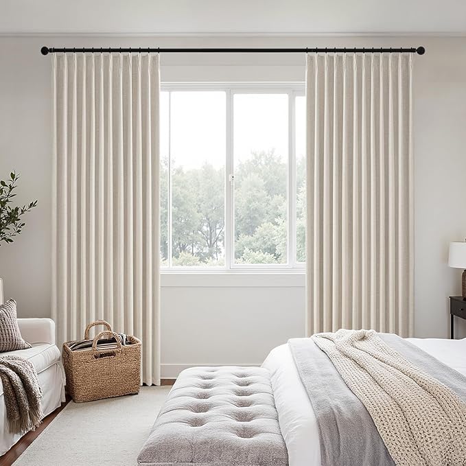 MIULEE Beige Pinch Pleated 100% Blackout Linen Curtains for Bedroom, Room Darkening Memory Trained Light Blocking Window Curtains 84 inches Long for Living Room, Black Out Pleat Drapes, 2 Panels