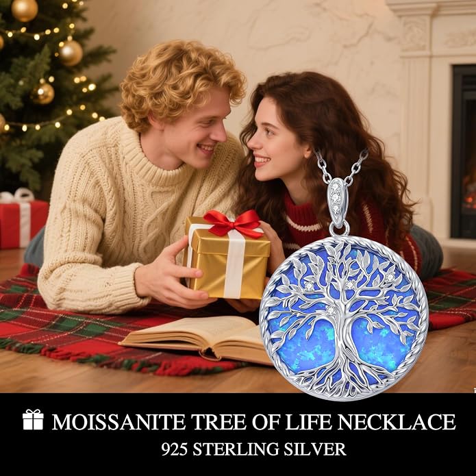 Tree of Life Moissanite Necklace, 925 Sterling Silver 0.5 Carat Moissanite Abalone Shell/Opal/Black Onyx/Turquoise/Malachite/Tiger Eye Stone Tree of Life Pendant Necklaces Jewelry Gift for Women Mom