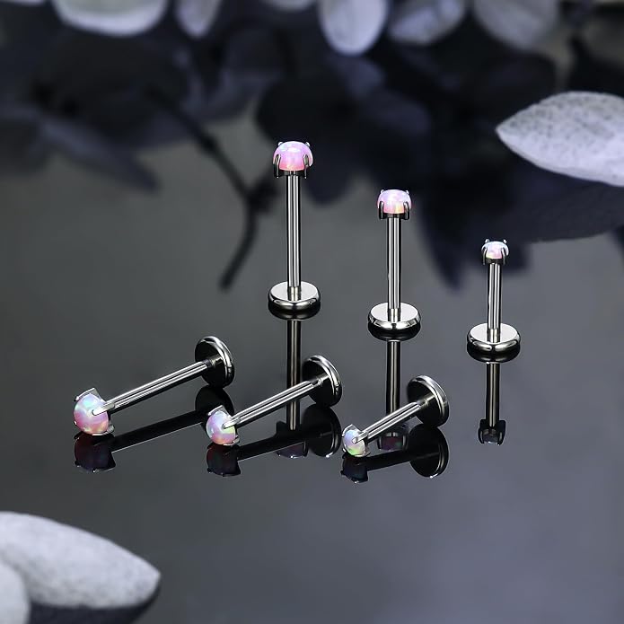 Ruifan Titanium Flat Back Lip Rings Externally Threaded Earrings Studs Nose Rings 20G 18G 16G Round Opal Tragus Cartilage Lobe Rook Helix Conch Labret Medusa Piercing Jewelry for Women Men