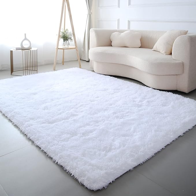 White Area Rug 7x10 Living Room - Soft Shag Non-Slip Carpet | Cloud-Soft Comfort: Microfiber Memory Foam - Bare Feet Love The Sink-In Softness Your Whole Family Enjoys Every Day