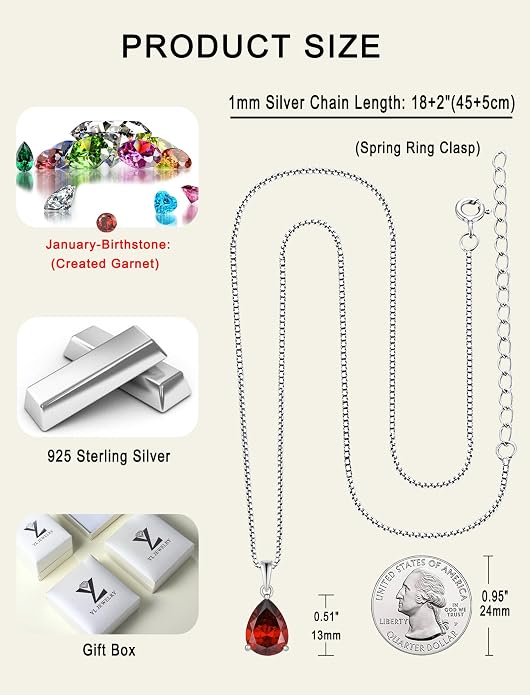 YL Teardrop Necklace 925 Sterling Silver Solitaire Pendant 9x12 MM Pear Cut Multicolored Birthstone Jewelry for Women