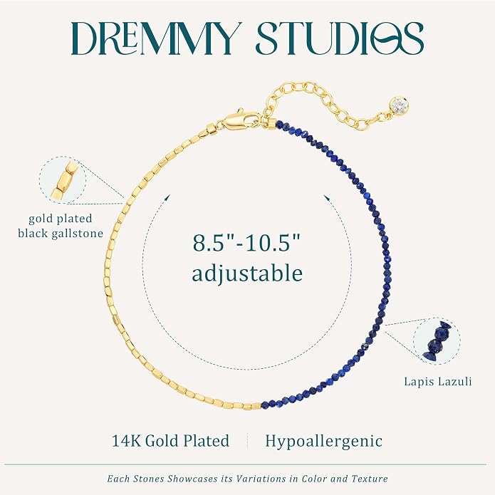 DREMMY STUDIOS Gold Anklet Bracelets for Women 14K Gold Plated Stone Handmade Beaded Link Chain Anklets Jewelry Gift