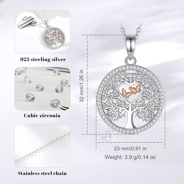AEONSLOVE Tree of Life Necklace 925 Sterling Silver, Family Tree of Life Pendants Jewelry Gifts for Women Wife Mother, 18 Inch Chain