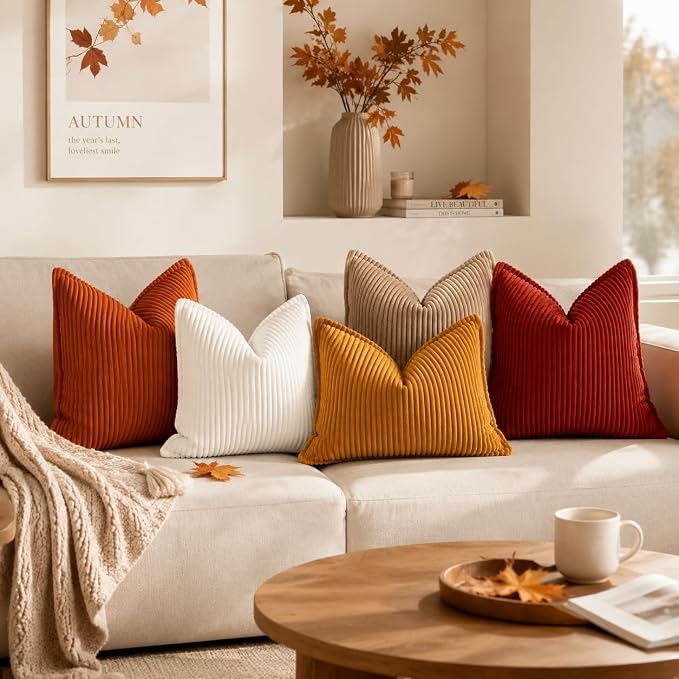 decorUhome Fall Corduroy Rust Throw Pillow Covers 16x16 Set of 2 | Couch Decorative Soft Modern Boho Farmhouse Pillow Covers Broadside Striped Pillow Cases for Living Room Bed Sofa