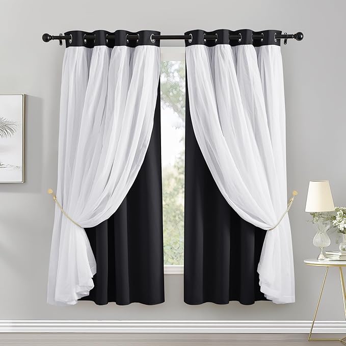 PONY DANCE Black Out Curtains Short 63 inches Long, 2 Layers Sheer Overlay Drapes Blackout Elegant Window Covering for Bedroom, 52 x 63 inches, Black, Pack-2