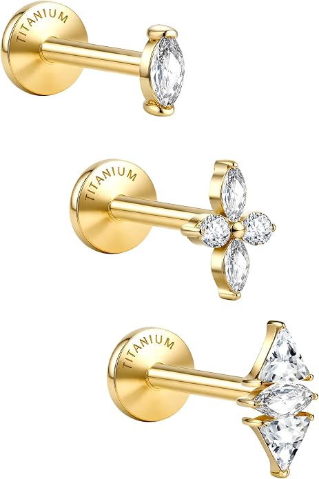 GEMQUEEN G23 Implant Grade Titanium 18G Internally Threaded Flat Back Earrings 5A CZ Studs: 14K Gold Hypoallergenic 3 Pcs Tragus Cartilage Conch Helix Piercing Jewelry for Sensitive Ears Women Men