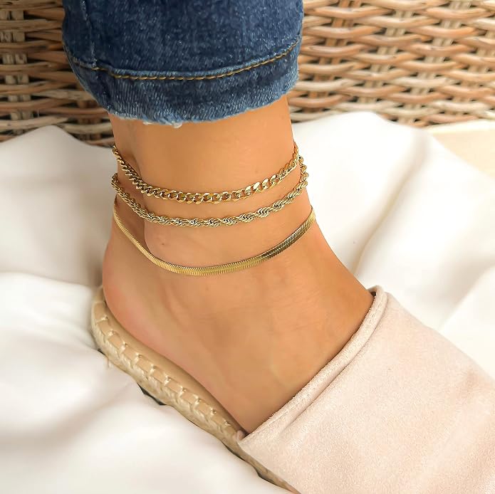 DEARMAY Gold Anklets for Women Waterproof, Non Tarnish14K Gold Plated Ankle Bracelets Set Stack, Summer Beach Jewelry Gifts for Vacation, Bikini Outfits for Women Mom Her