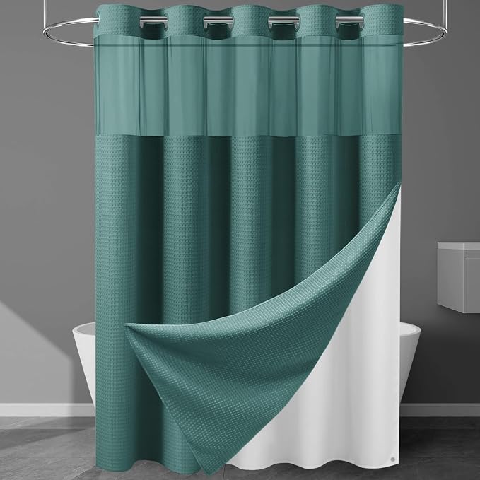 EUTXL Heavyweight Seaweed Green No Hook Shower Curtain with Snap in Liner,256GSM Waffle Weave Shower Curtains for Bathroom,71W x 74H