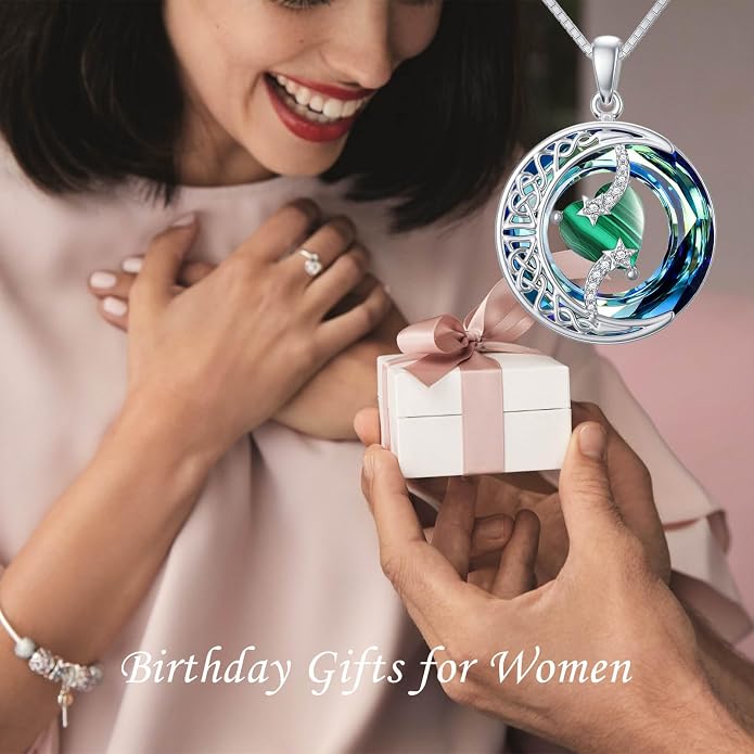 TOUPOP Birthstone Necklace 925 Sterling Silver Moon and Star Pendant Celtic Moon Jewelry with Blue Crystal Anniversary Birthday Gifts for Women Mom Wife Her