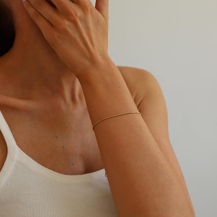 18K Gold Plated Bracelet for Women Dainty Gold Pearl Beaded Bracelets Minimalist Layering Link Chain Bracelets Stackable Trendy Jewelry