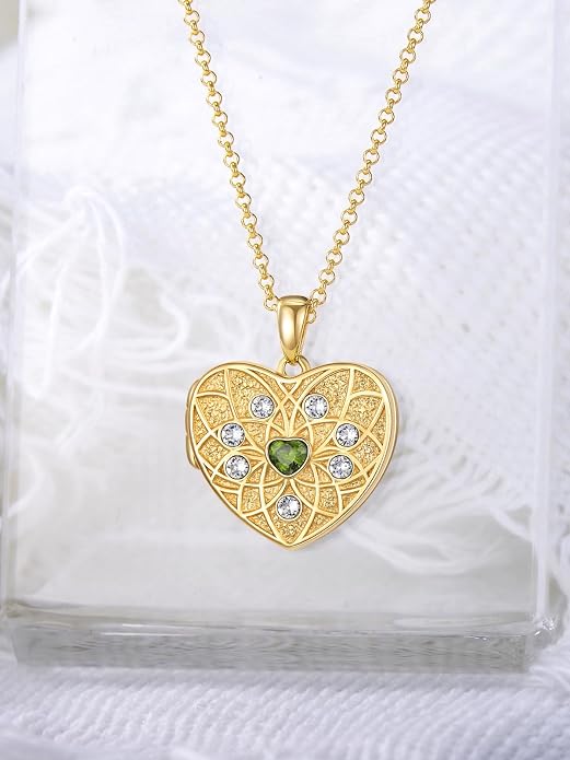 Round/Heart/Oval Shape Locket Necklace That Holds Pictures 925 Sterling Silver Personalized Birthstone Photos Engraved Locket Pendant Birthday Memorial Jewelry Gift for Women