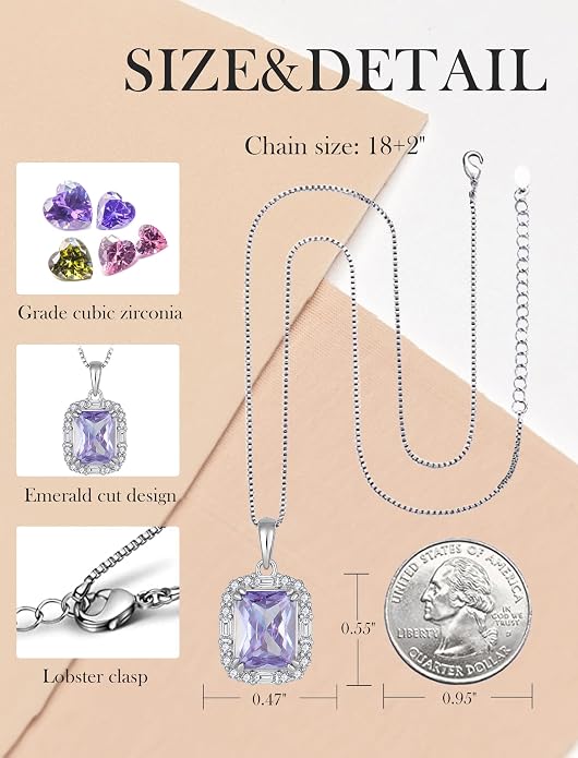 Princess Cut Necklaces for Women, 925 Sterling Silver Emerald Cut Birthstone Pendant Necklace Halo Square Rectangle Jewelry Gifts for Her