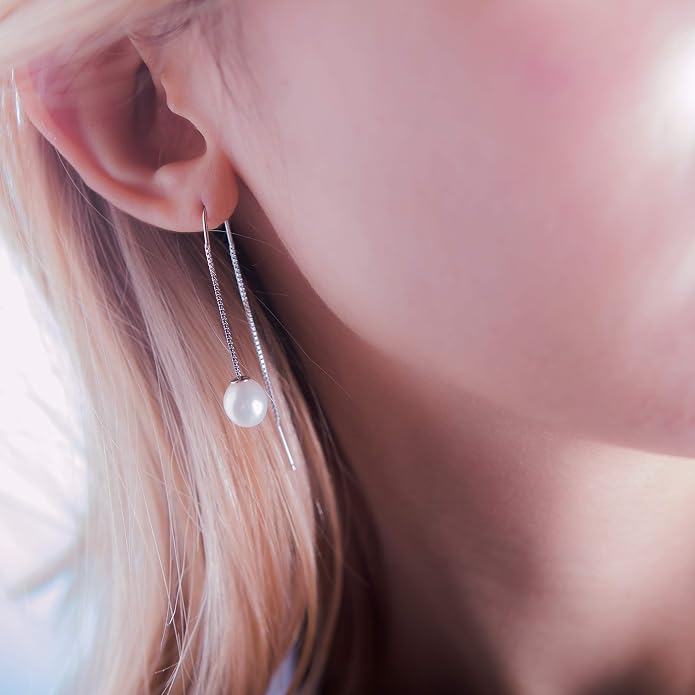 MOLAH 925 Sterling Silver Genuine Cultured Freshwater Pearl 8-8.5mm Threader Earrings Rhodium Plated