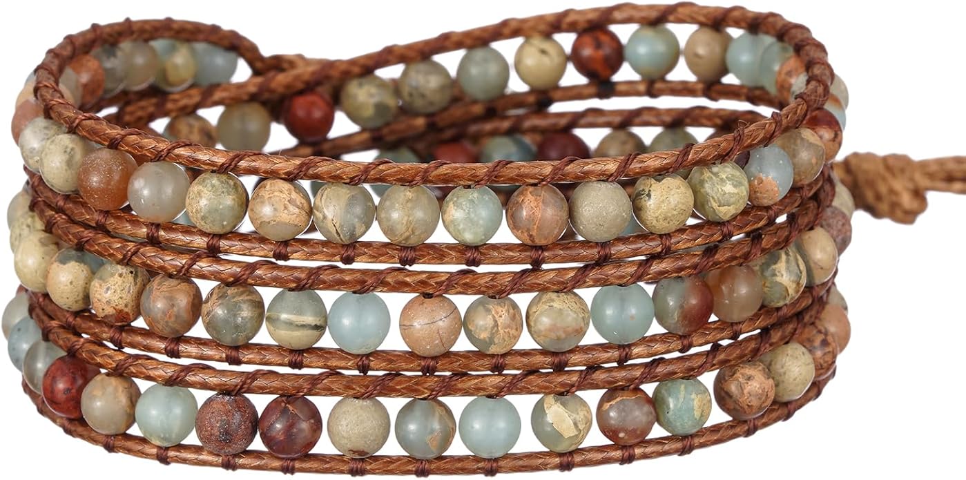 Plumiss Women Boho Handmade Natural Stone Crystal Leather Bead Wrap Bracelets Collection