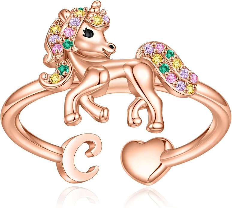 Unicorn Initial Rings for Teen Girls, Rose Gold/White Gold Plated Heart Initial Rings for Girls Adjustable Stackable Rings for Women Diny Heart Ring for Teen Girls Gifts Unicorns Gifts for Girls