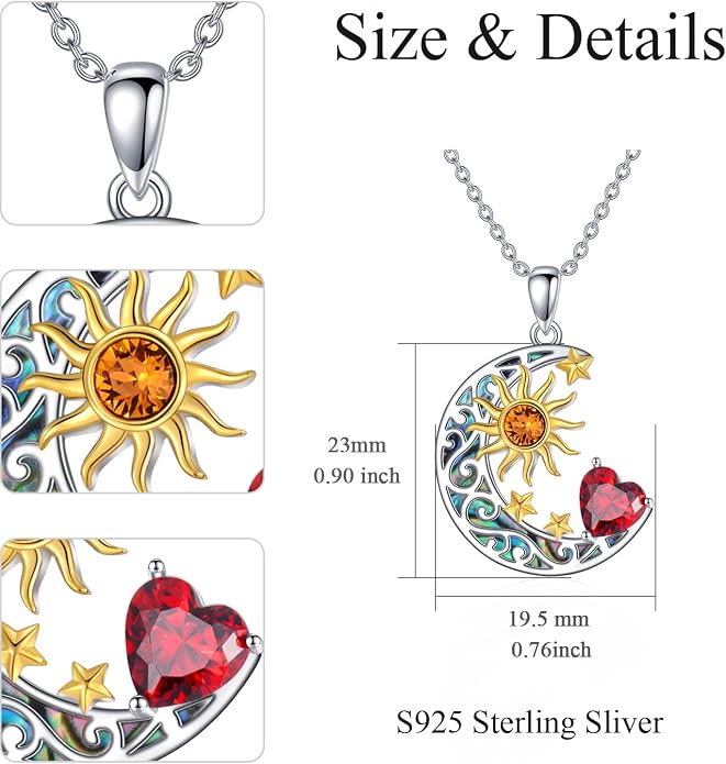 AOBOCO 925 Sterling Silver Sun and Moon Star Pendant Necklace with Simulated Birthstone, Birthday Christmas Jewelry Gift for Women Teen Girls