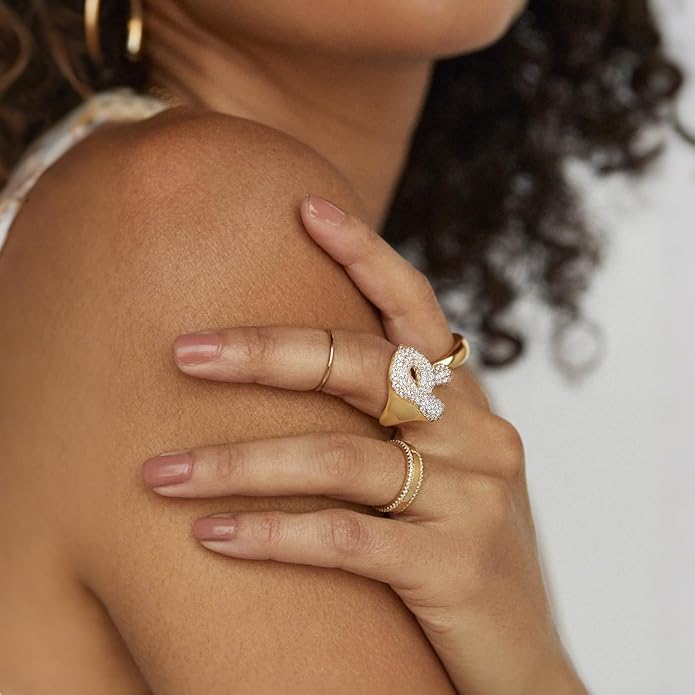 KissYan Bubble Initial Ring for Women, 14K Gold Plate Balloon Jumbo Letter Rings Open Adjustable Dainty Pave CZ Personalized Fashion Jewelry Gift for Mother's Day