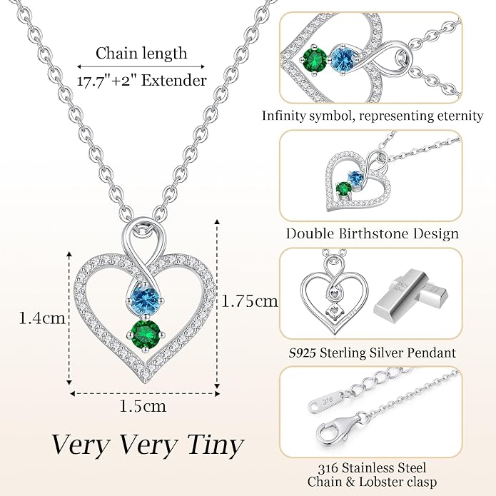 LOUISA SECRET Double Birthstone Necklaces for Women, 925 Sterling Silver Infinity Love Heart Pendant Necklace for Her, Birthday Anniversary Valentine's Day, Christmas, Wedding, Graduation Gift for Her, Personalized Gifts, Jewelry Gifts for Wife Mom Gir...