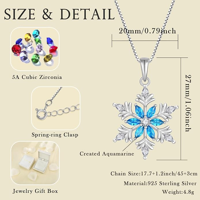 925 Sterling Silver Snowflake Necklace for Women Birthstone Snowflake Pendant Necklace Cubic Zirconia Christmas Jewelry