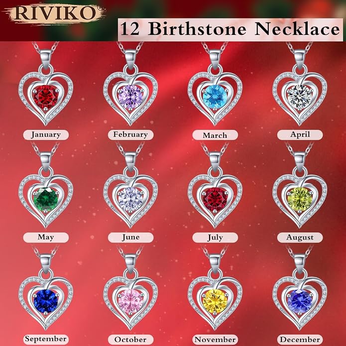 RIVIKO Heart Birthstone Pendant Necklace for Women 925 Sterling Silver Zirconia Necklaces Valentine's Day Anniversary Birthday Mothers Day Jewelry Gifts For Her Mother Wife