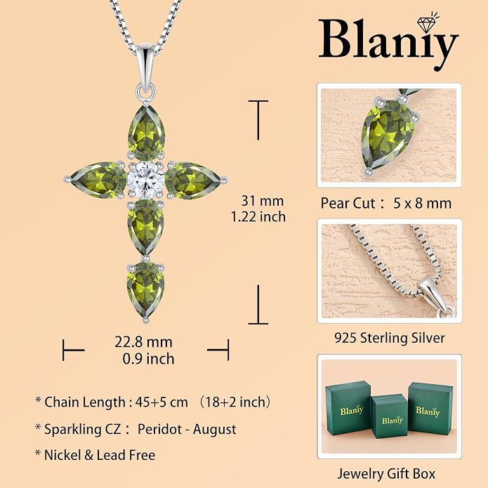 Cross Necklace for Women 925 Sterling Silver Teardrop Birthstone Pendant Religious Jewelry Gifts for Women