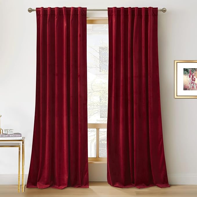 RYB HOME Ruby Red Velvet Curtains for Bedroom Living Room, Thermal Insulated Privacy UV Heat Blocking Luxurious Soft Rod Pocket Back Tab Drapes for Nursery, 62" W x 96" L, 2 Panels