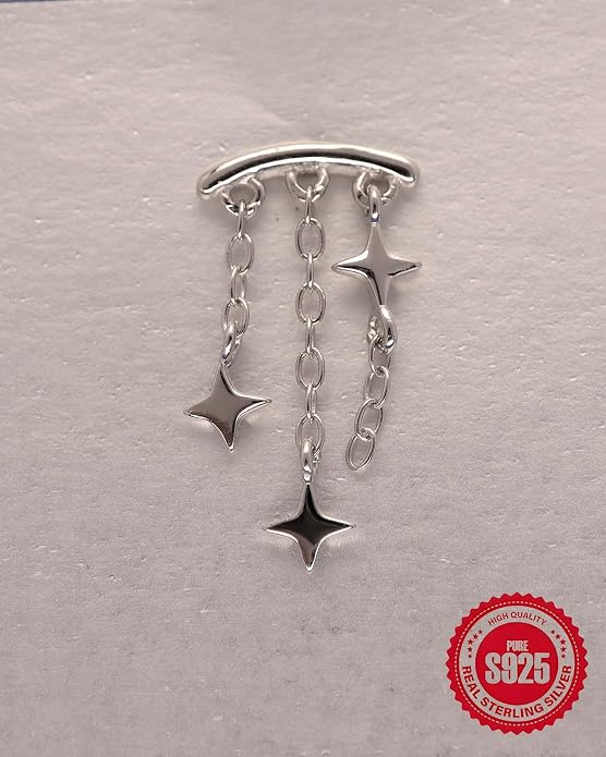 Sterling Silver 925 Flat Back Earring for Women Hidden Helix Piercing Jewelry 16G Star Moon Dangle Cartilage Internally Threaded Tragus Conch Stud Screw Cubic Zirconia Ear Ring