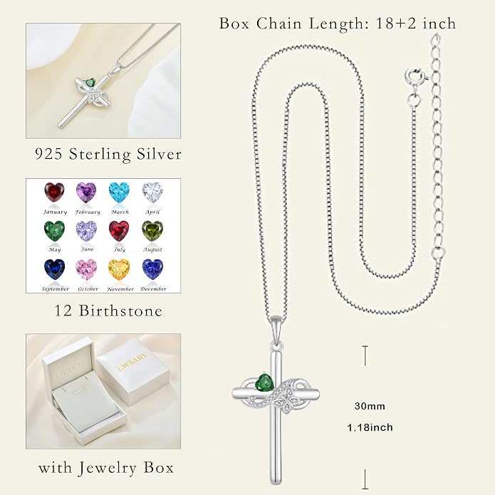Infinity Butterfly Cross Necklace for Women 925 Sterling Silver Christian Religious Crucifix Pendant Birthstone Jewelry Gifts for Her