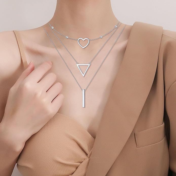 Layered Choker Necklaces for Women S925 Sterling Silver Circle/Heart/Cross/Star Multi Layered Necklace Handmade Bead Chain Adjustable Jewelry for Birthday